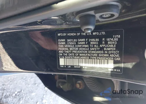 2019 Honda Civic Ex z USA, uszkodzony, nr VIN SHHFK7H64KU406033